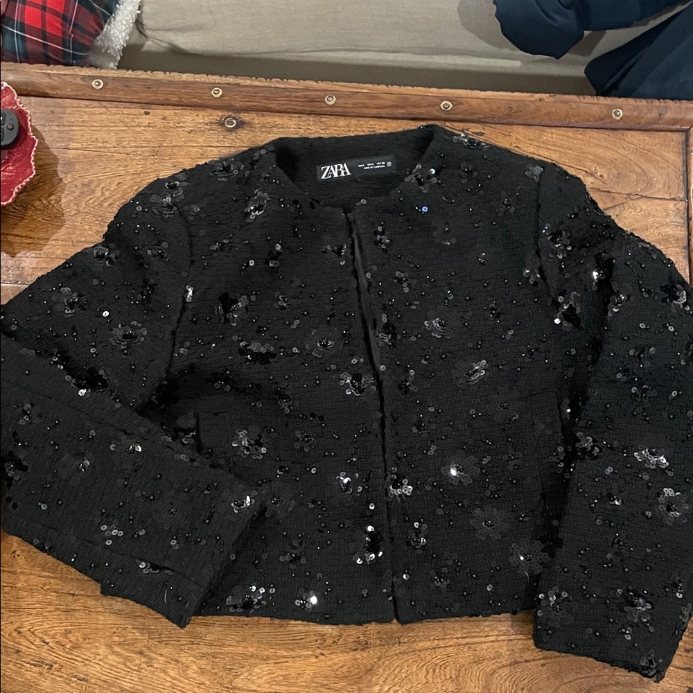 ZARA Black Sequin Embellished Tweed Jacket